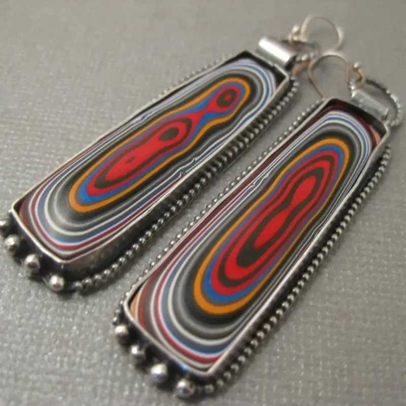 Vintage Boho Silver Color Earrings for Women Square Handmade Metal Inlaid Painting Patterns Dangle Earrings Jewelry Gift Y250510