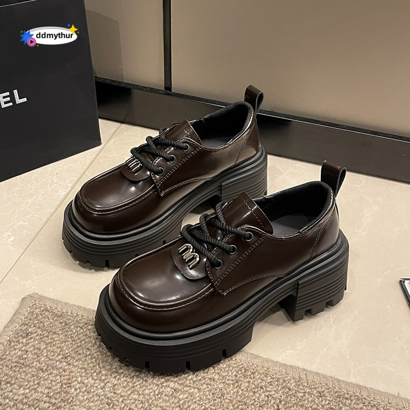 British small leather shoes for women 2025 new style spring and autumn versatile sole height increasing loafers thick heel lace up uniform single shoe
