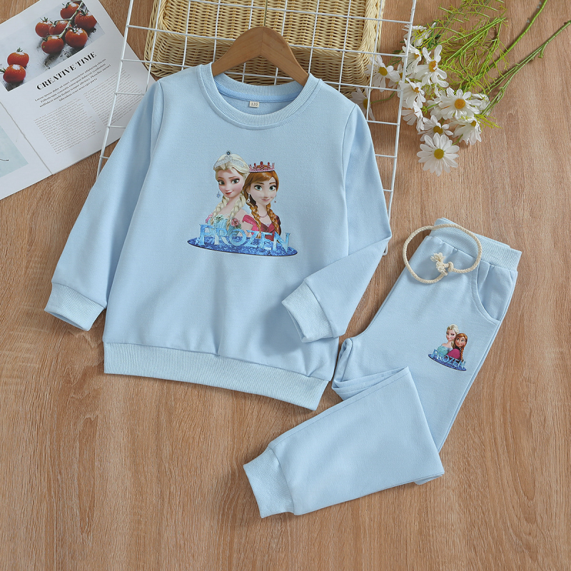 DISNEY Frozen Elsa princess baby designer clothes Girls' Spring Autumn Cotton Suit baby Sweatshirt Sports Pants Two-piece Set.