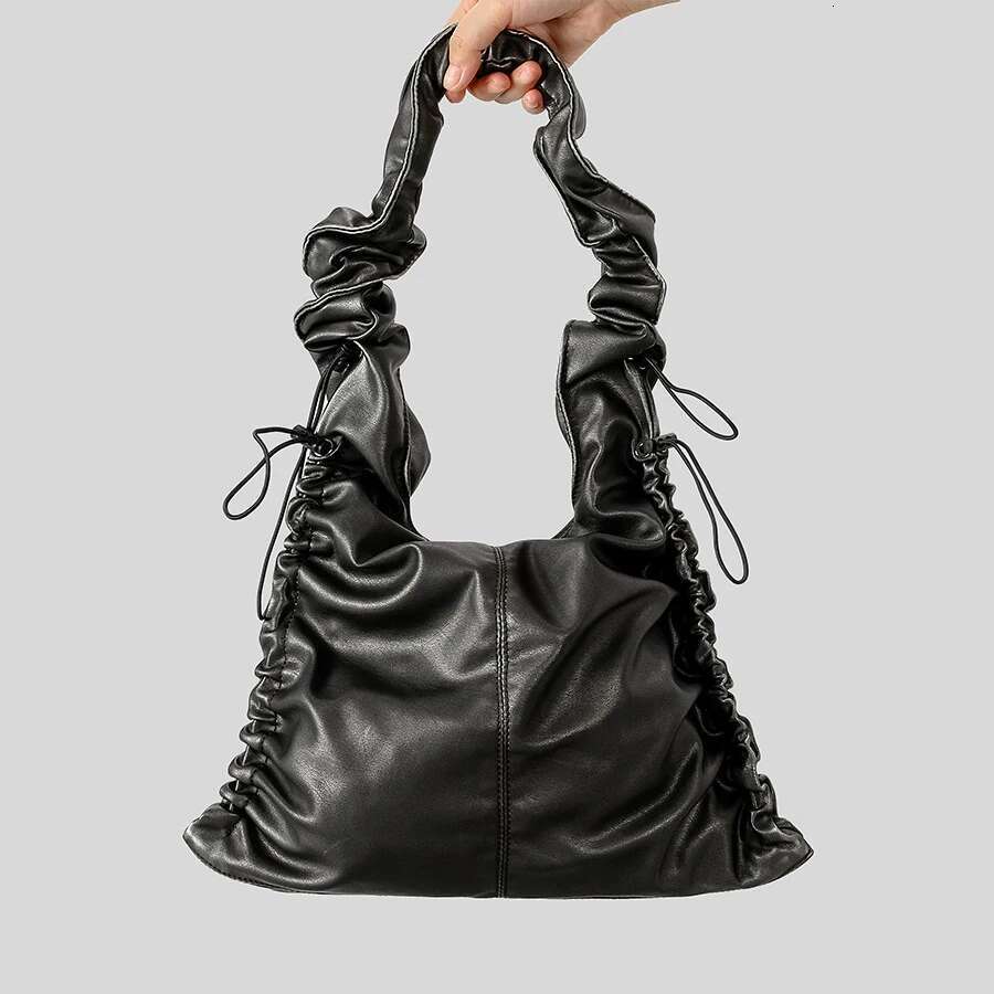 Vintage Ruched Drawsting Women Shoulder Bags Casual Lady Handbags Pu Leather Underarm Bag Y2k Tote Purses 2024