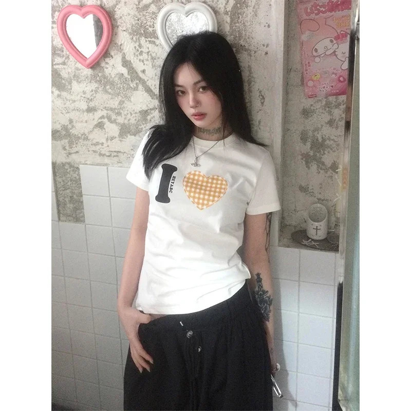 Summer Love Pattern Print Tshirt Women Short Sleeve Casual Y2k Vintage Tops Streetwear T Shirt American Fashion Tee 250513