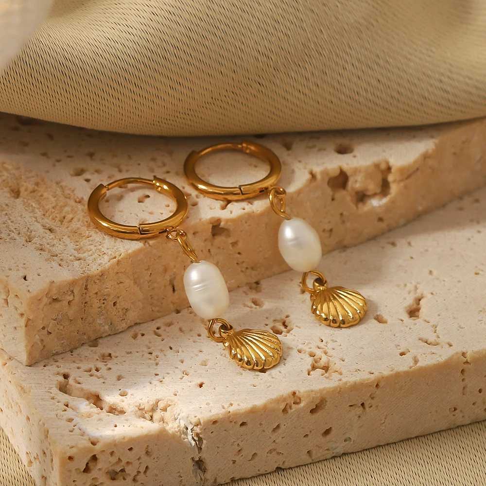 Stylish Stainless Steel Freashwater Pearl Charm Scallop Drop Handmade Chic Earrings 14k Gold Color Dangle Earrings Jewelry Y250510