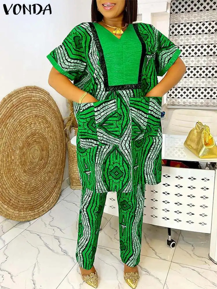 Size 5XL Womens Summer Printed Casual Pants Set VONDA 2024 Retro Short Sleeve Top Loose Two Piece 250427