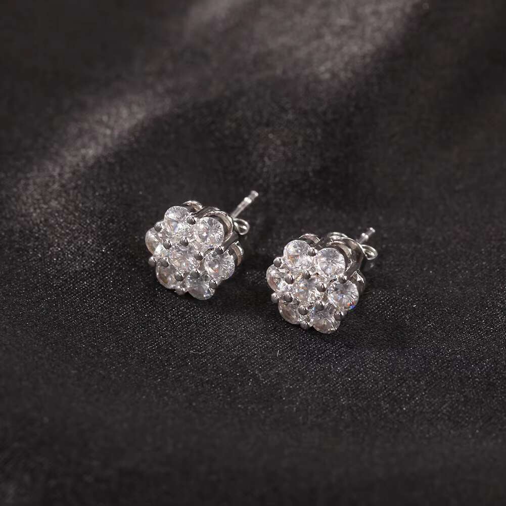 Fine Jewelry 925 Sterling Silver Flower Cluster VVS Moissanite Earrings Hip Hop Women Stud Earrings