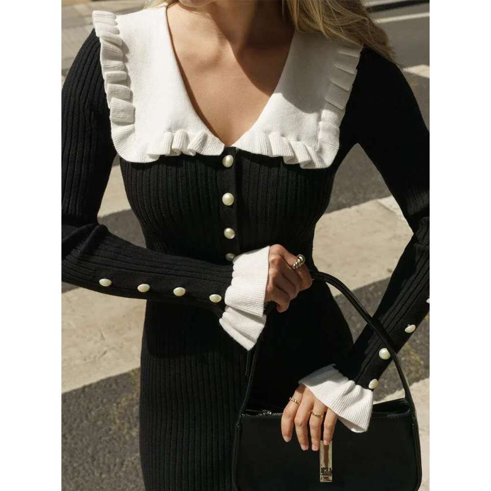 TARUXY High Waist Ruffled Maxi Dresses For Women Autumn Winter Knitted Slim Long Women's Vintage Dress Woman Retro Elegant