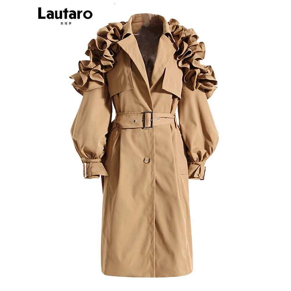 Lautaro Spring Autumn Long Black Khaki Trench Coat for Women Belt Elegant Chic Stylish Designer Clothes Runway Fashion