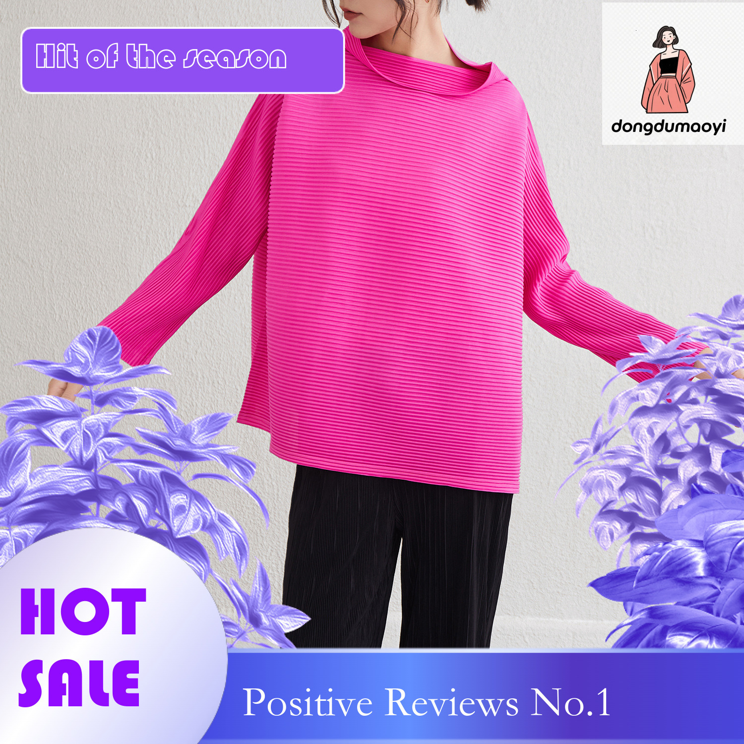 dongdumaoyi Miyake high neck top for women in spring 2025, fashionable plus size slimming long sleeved pleated lazy hoodie