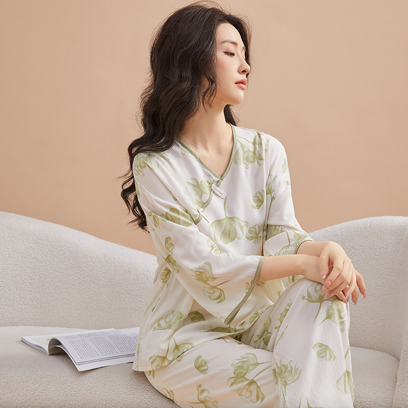 B879-Pajamas for women, spring, summer and autumn, new cotton silk buttoned three-quarter sleeve trousers, sweet American style home clothes suit