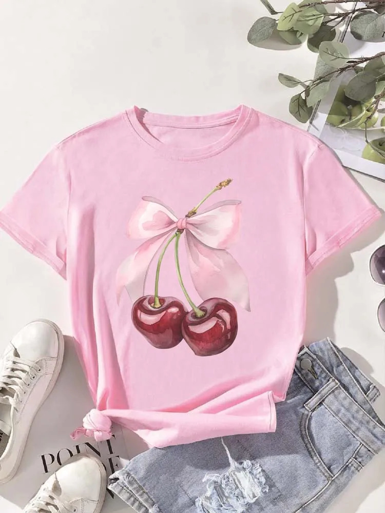 Fashion Cherry Print Women TShirt Short Sleeve Crew Neck Casual Tops for Summer Spring Womens Clothing Tees 250513