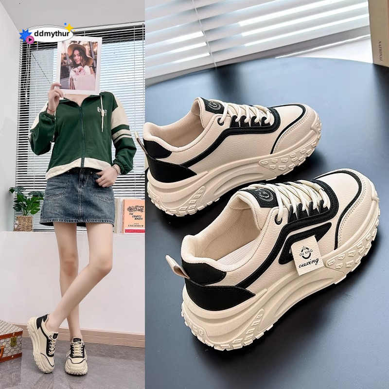 Show off little dad 2024 new spring leather waterproof casual sports thick soled mesh shoes for women ddmythur
