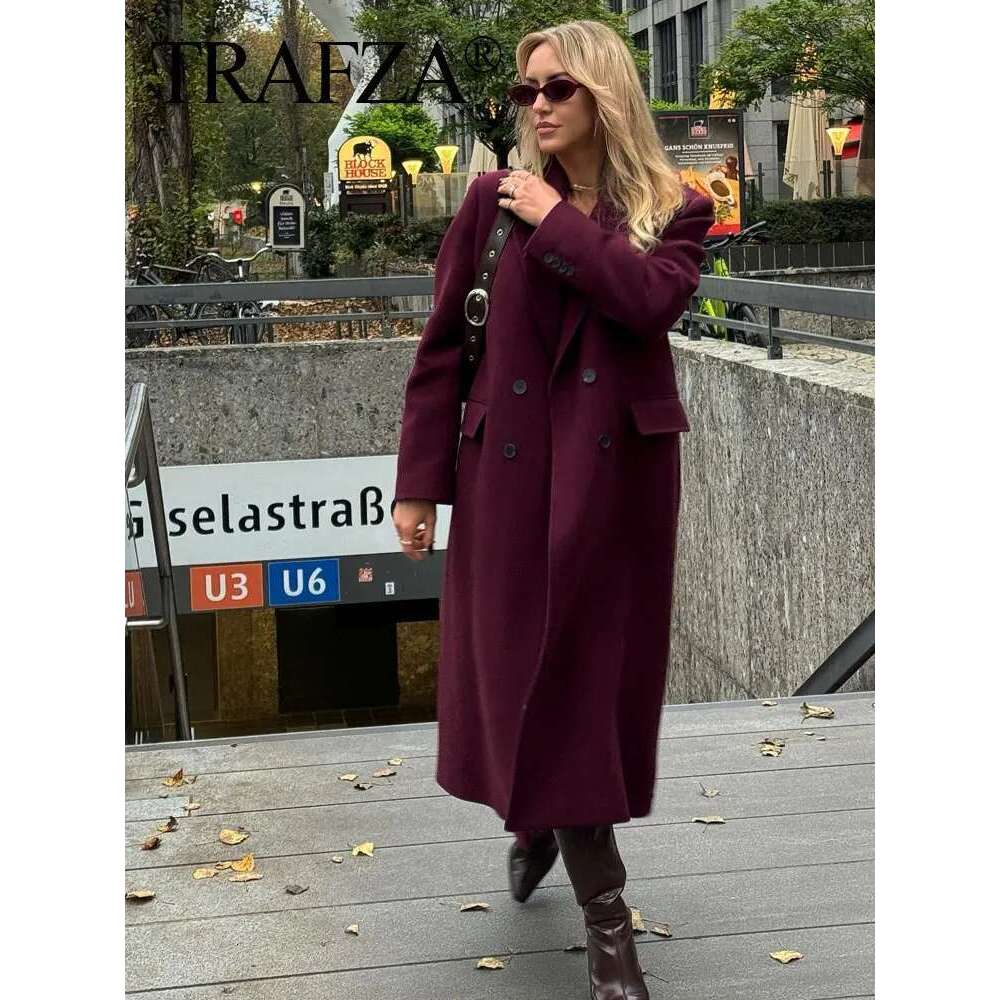 TRAFZA Women Fashion Bury Woolen Coat Double Breasted Long Sleeve Lapel Blends Jacket Autumn Winter High Street Outerwear