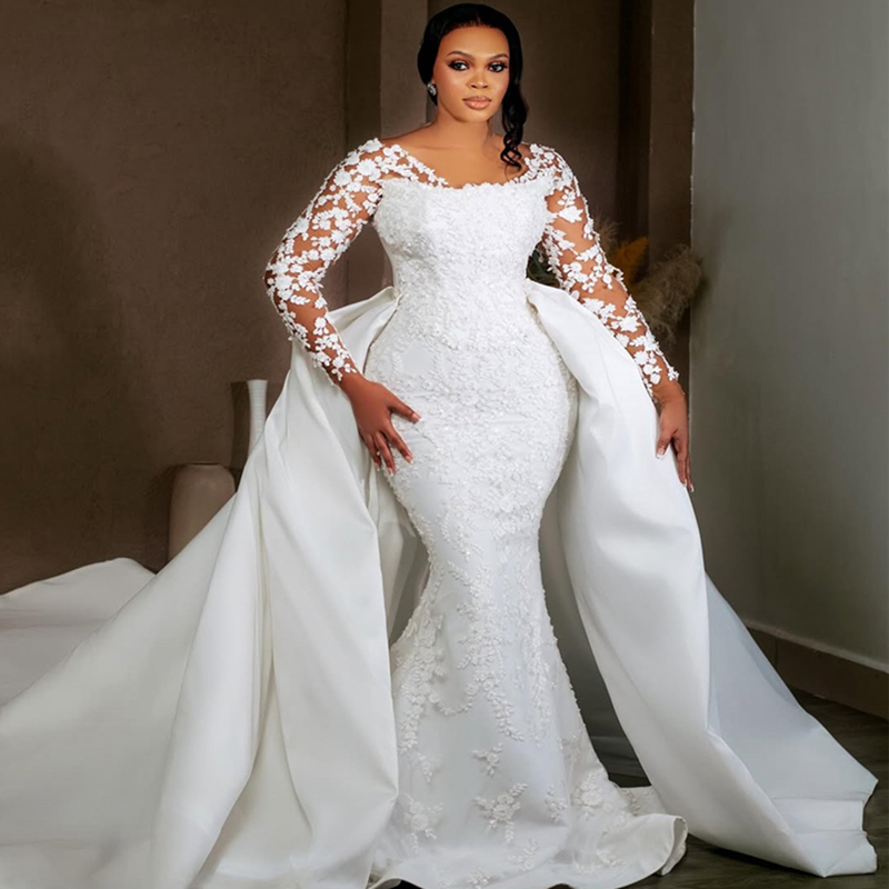 2025 Aso Ebi Mermaid Wedding Dress For Bride Bridal Gowns Detachable Train Illusion Beaded Lace Crystals Decorations Luxurious Wedding Gowns for Black