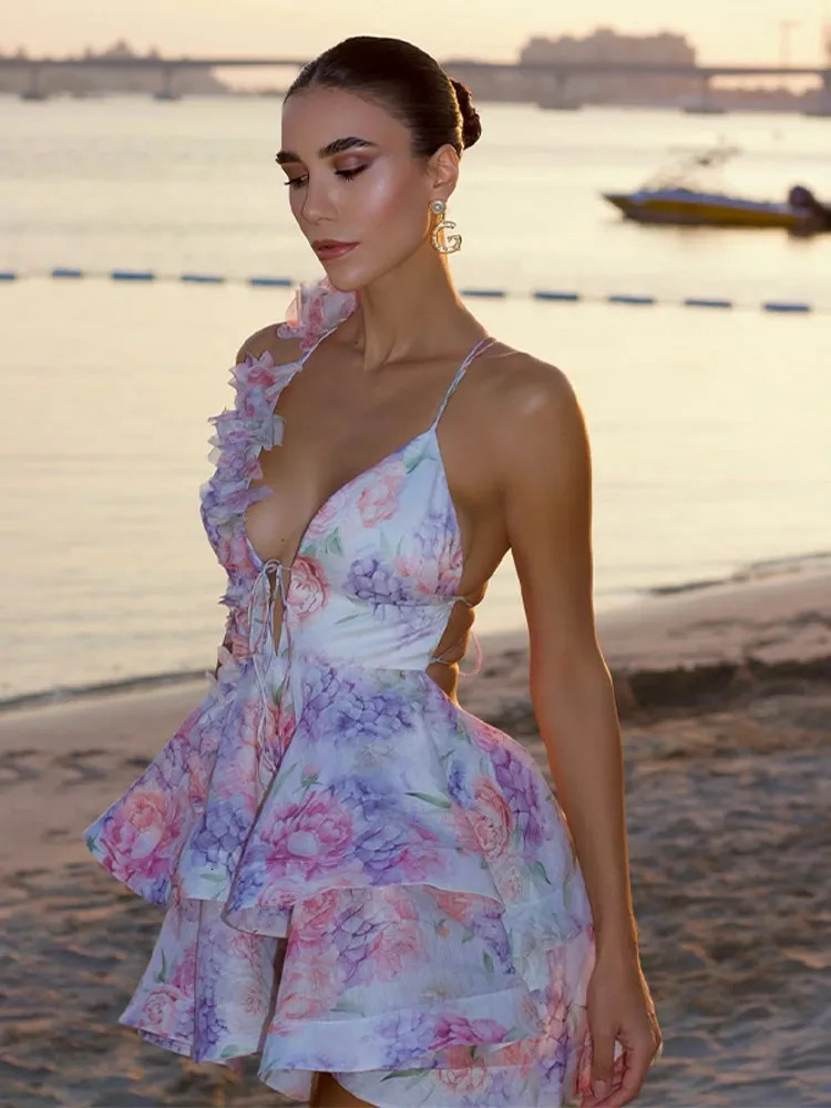 Chic Floral Printed Mini Dress Backless Sleeveless Hem Stacking Dresses Sweet A Line Vestidos Lady Party Club Clothing 250513