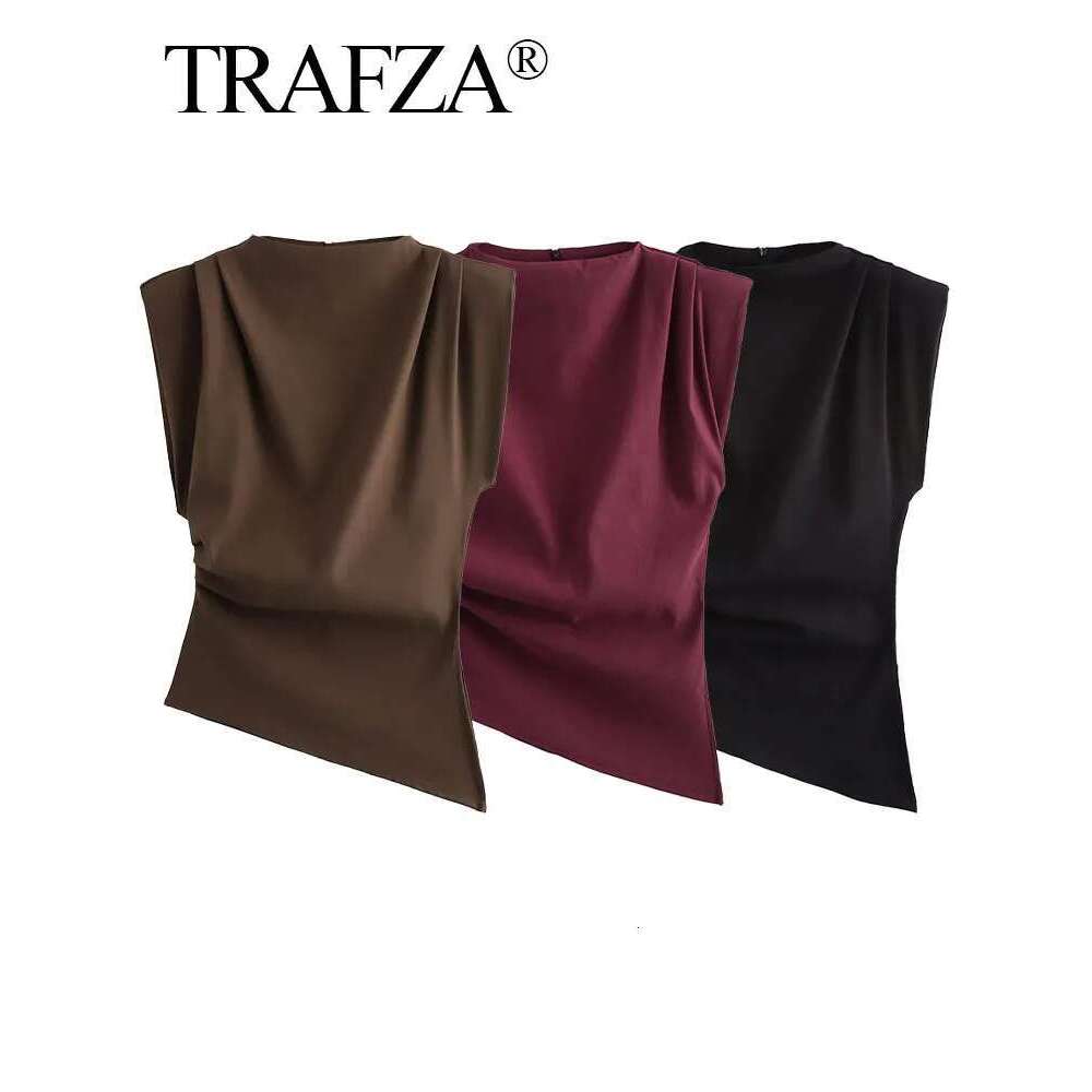 TRAFZA 2025 Female Fashion Asymmetrical Camis Solid Brown O-Neck Sleeveless Summer Holiday Casual Tank Tops Woman Street Trendy