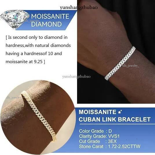6mm White Gold Sterg Sier VVS Moissanite Dia Cuban k Chain Bracelet Iced Out Mossanite Jewelry For Men Women