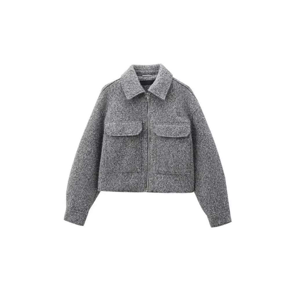Trza-Cropped Jacket With Pockets For Women, Long Sleeve Coat, Front Zipper, Female Outerwear, Chic Tops, Fashion