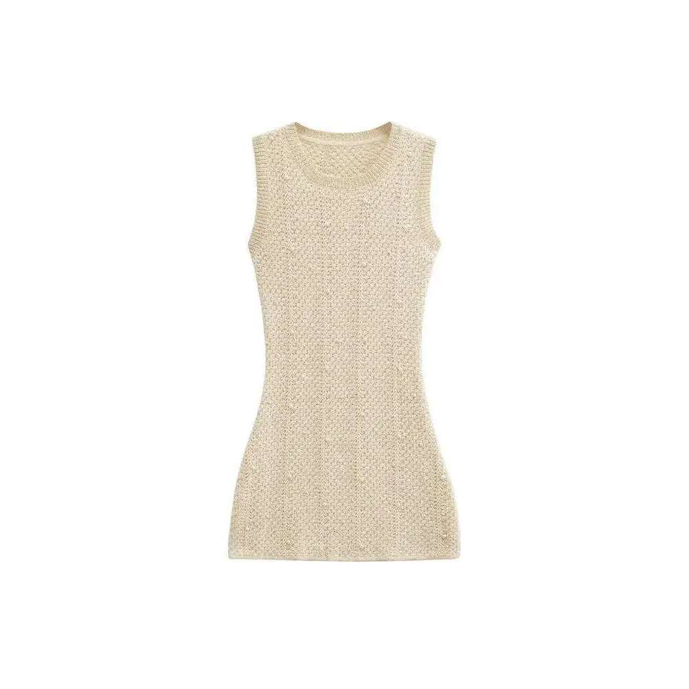 TRZA-Women's Faux Pearls Knit Mini Dress, O Neck, Sleeveless, Female Dresses, Chic Fashion