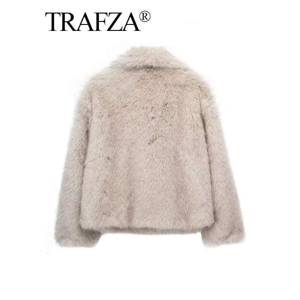 TRAFZA Women Fashion Faux Fur Jacket Vintage Turn-Down Collar Long Sleeve Coat Autumn Winter Woman Elegant Streetwear Designer Designer