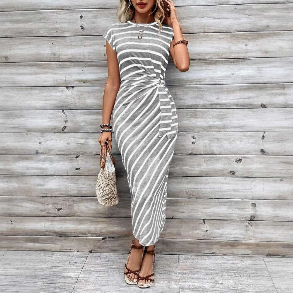 Women Clothes Dress Elegant Temperament Waist Strap Striped Round Neck Short Sleeved Long Dress Summer High End Women S Clothing KQ