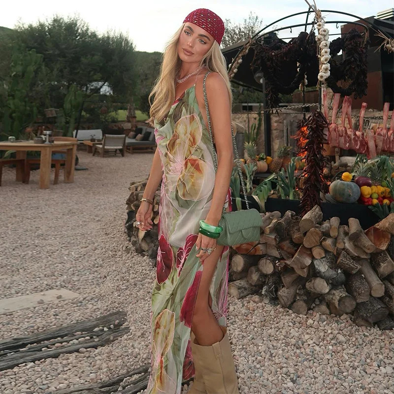 Floral Printed Suspender Dress Sexy Backless Womens Halter Dresses High Waist Split Maxi Fashion Robe Summer 250513