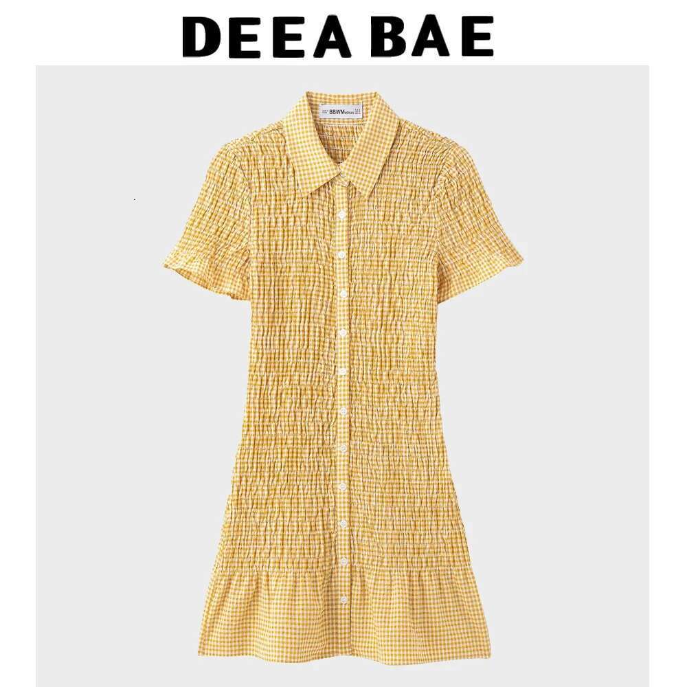 DEEABAE World Brands Dresses 2025 New Yellow French Ruffle Plaid Shirt Slim Pleated Decoration Short Dress