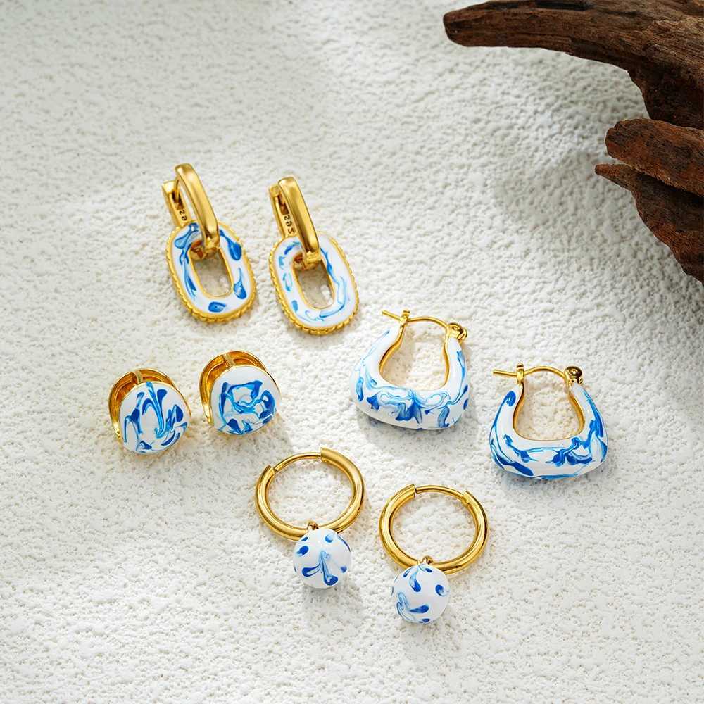 Vintage White Blue Flower Enamel Beads Hoop Earrings for Women Gold Plated Stainless Steel Huggies Earring Creative Jewelry Gift Y250510