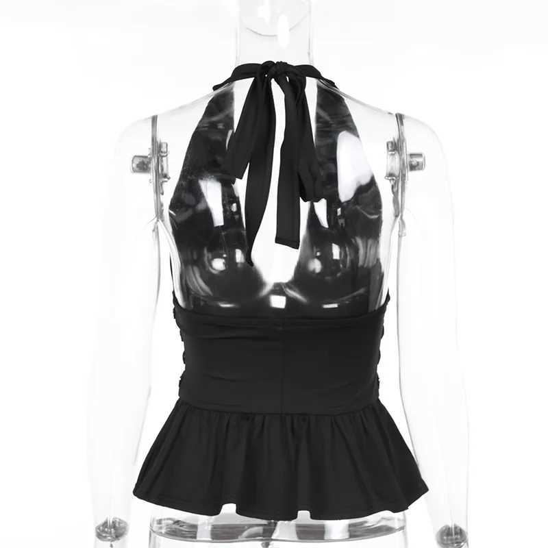 Womens Studded Halter Neck Tops Summer Deep V-Neck Backless Shirts Vest for Streetwear Aesthetic Grunge Clothes M250513