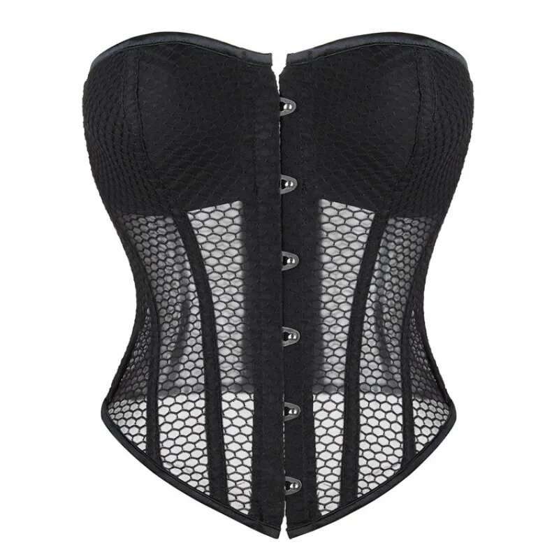 Women Lace Up Sexy Transparent Mesh Boned Corset Overbust Bustier Lingerie Bodyshaper Corsets Top