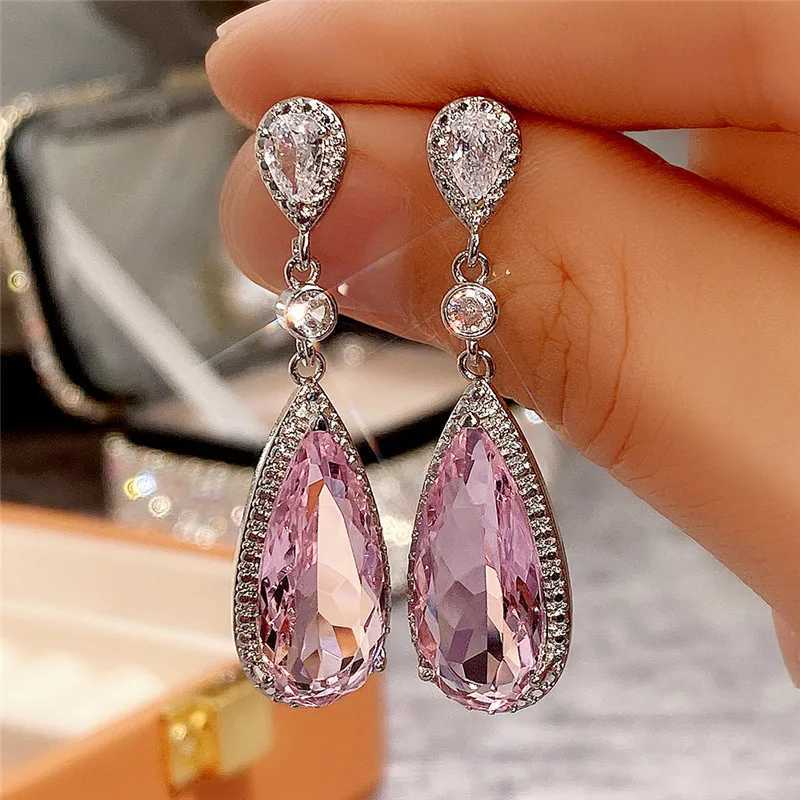 Huitan Luxury Big Water Drop Pink CZ Dangle Earrings for Women Novel Design Engagement Wedding Accessories Party Fashion Jewelry Y250510