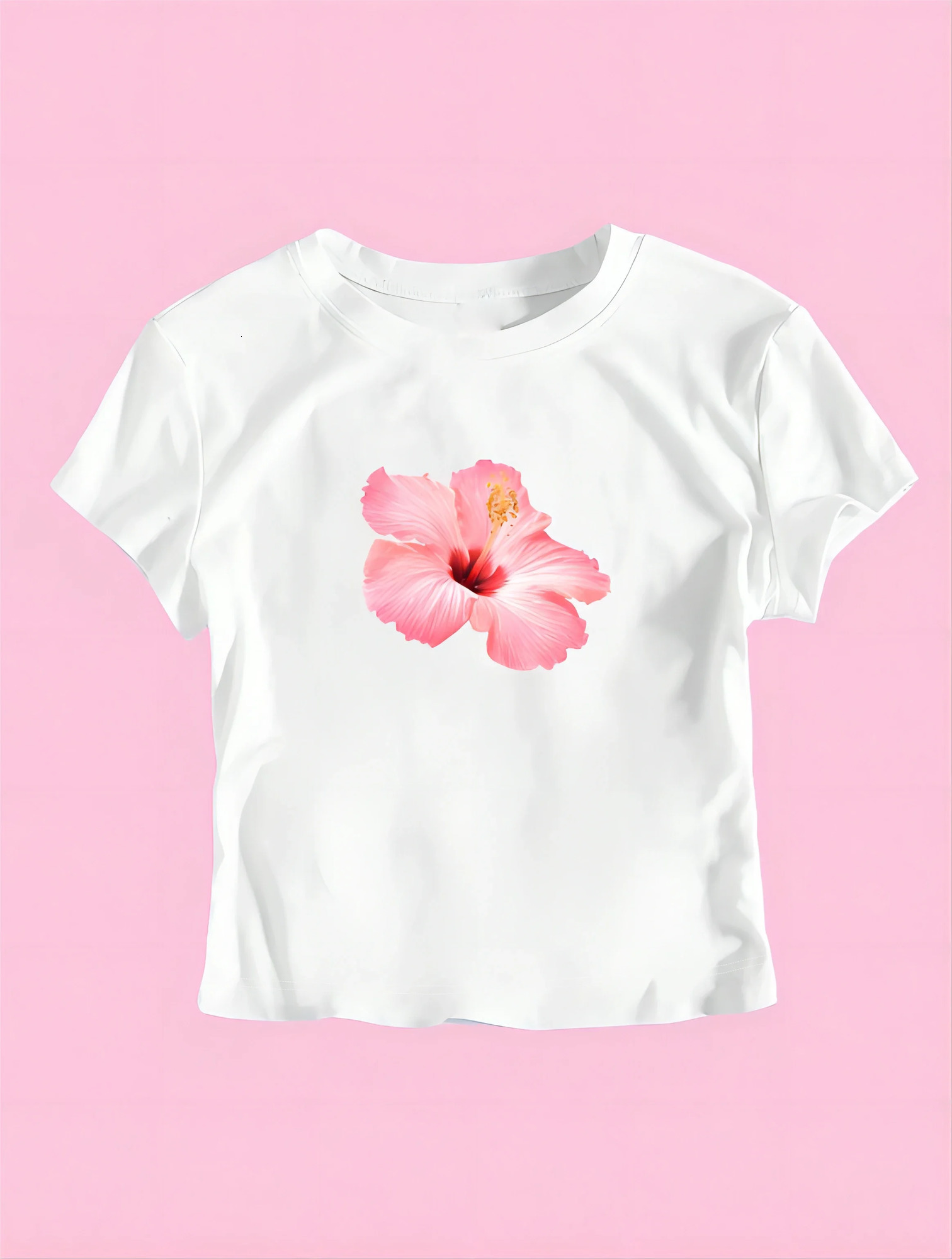 Womens Summer Y2K Pink Hibiscus Flower Print n Pattern Slim Cropped Women TShirt Casual Street Short Sleeve 250513