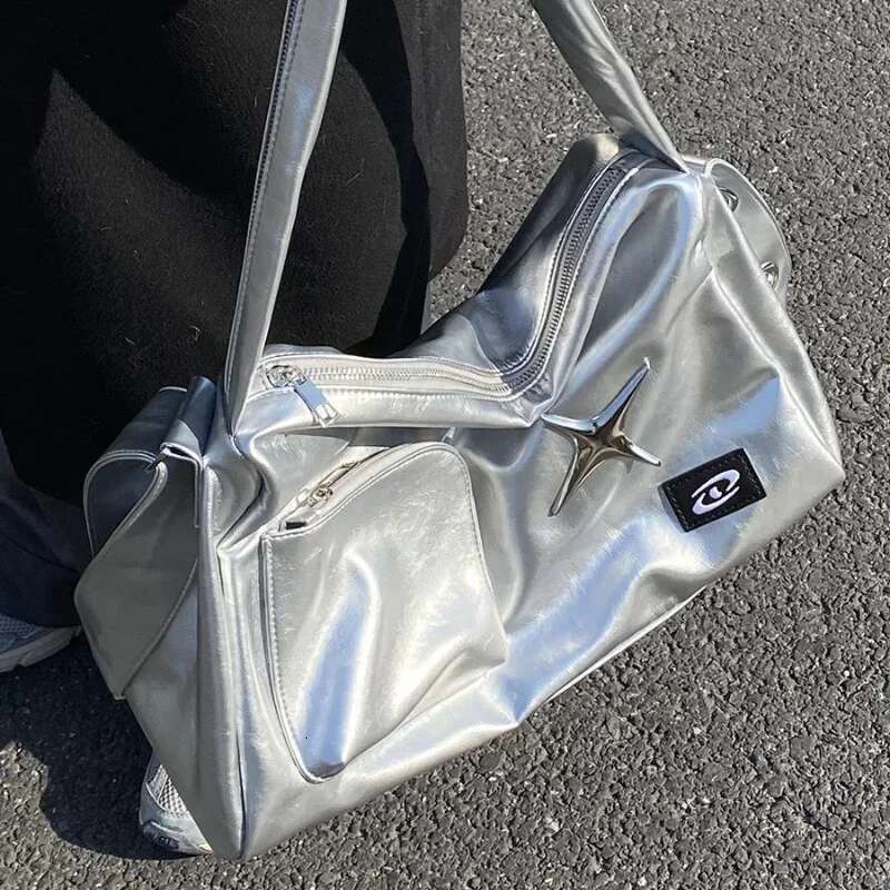 Sier Y2k Tote Bags For Women Aesthetic Designer Large Capacity Shoulder Bag Commuter Pu Leather Shopper Handbag