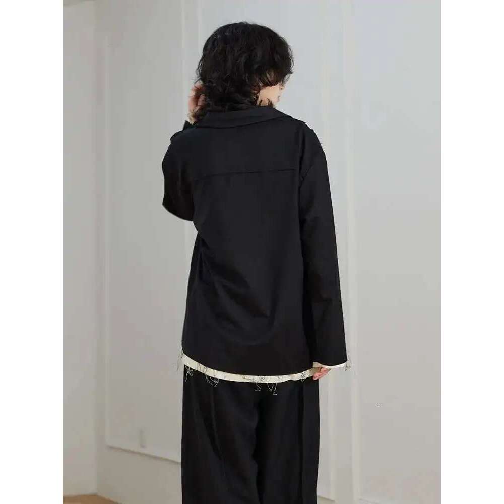 EAM Women Color-block Burr Big Size Black Blouse New Lapel Long Sleeve Loose Fit Shirt Fashion Tide Spring Autumn 2025 1DF3955
