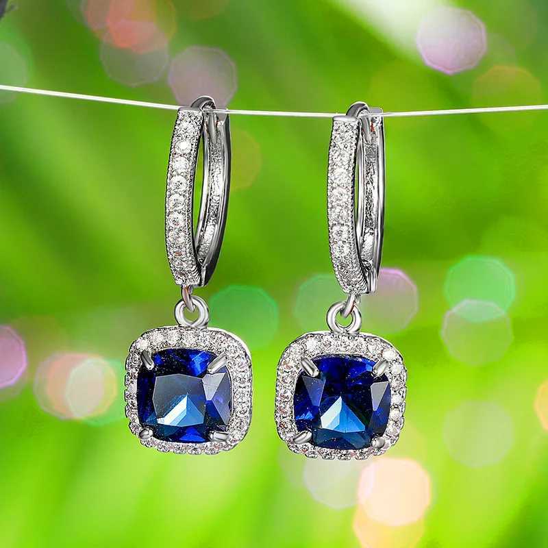 Vintage Female Blue Crystal Stone Classic Silver Color Hoop Earrings Dainty Bridal Square Wedding Jewelry For Women Y250510