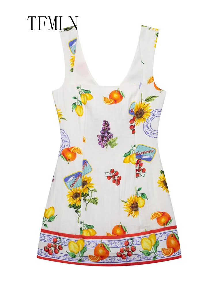 TFMLN Summer Women Back Bow Mini Dress Sweet Print Sleeveless Square Collar High Street Backless Beach Party 250513