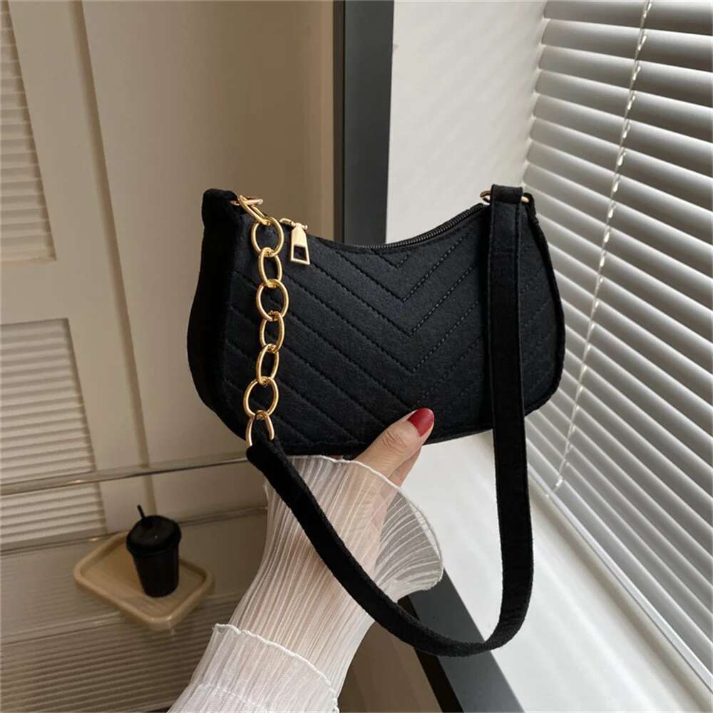 Mini Women Felt Fashion Solid Color Casual Handbags with Chain Shoulder Pouch Simple Light Weigh Underarm Bag