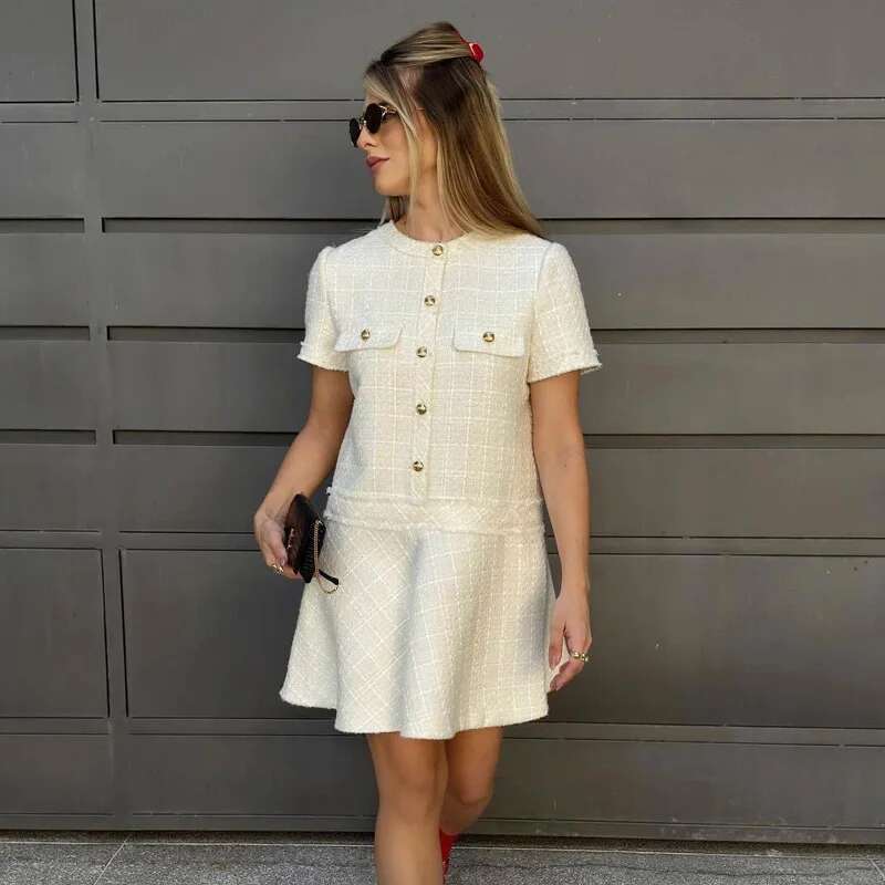 TRAF 2025 Women's Dress Mini Textured Summer Elegant Solid Button Short Sleeve Vestidos Fashion High Quality Dresses 066