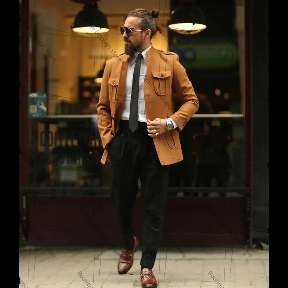 Orange Blazer Single Breasted Men Suit Two PiecesJacketBlack Pants Lapel Outfits Casual Party Prom Wedding Set 250506