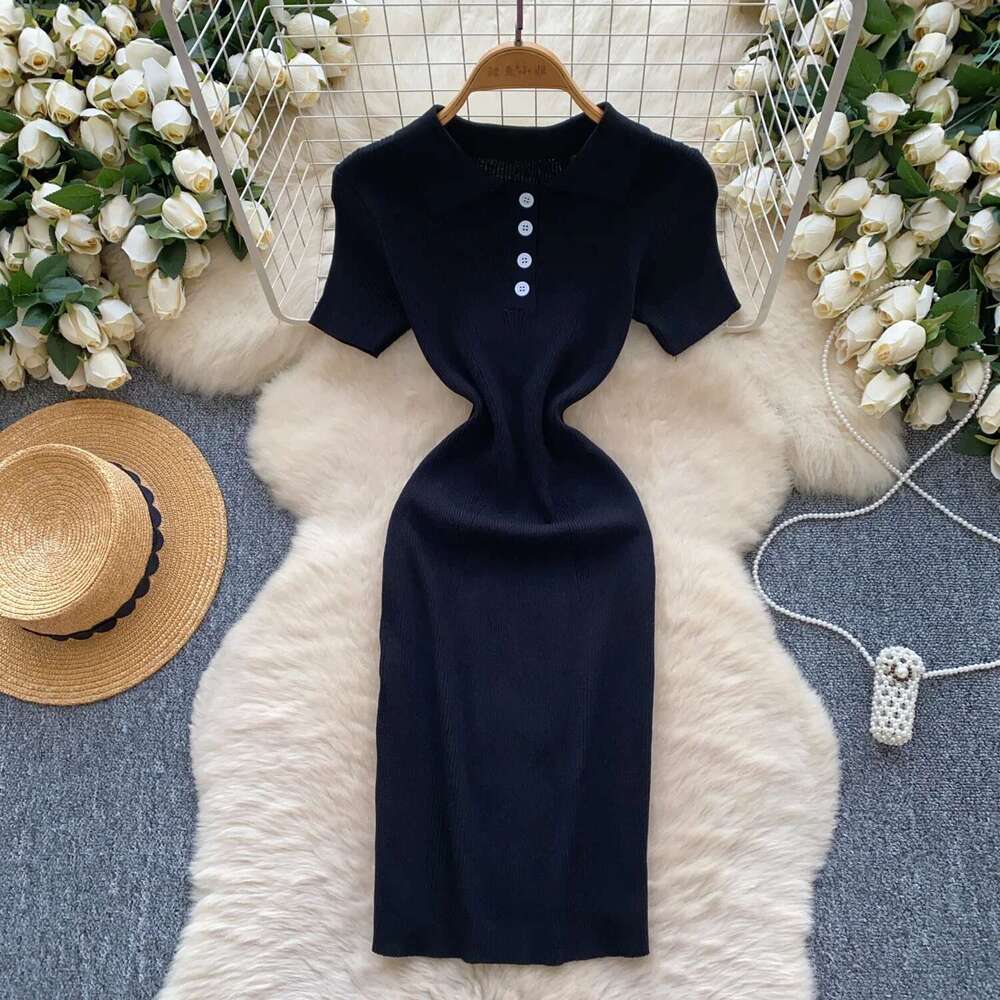 REALEFT Vintage Summer Polo Collar Women's Knitted 2025 New Short Sleeve Buttons Casual Sheath Wrap Knitwear Dress Female