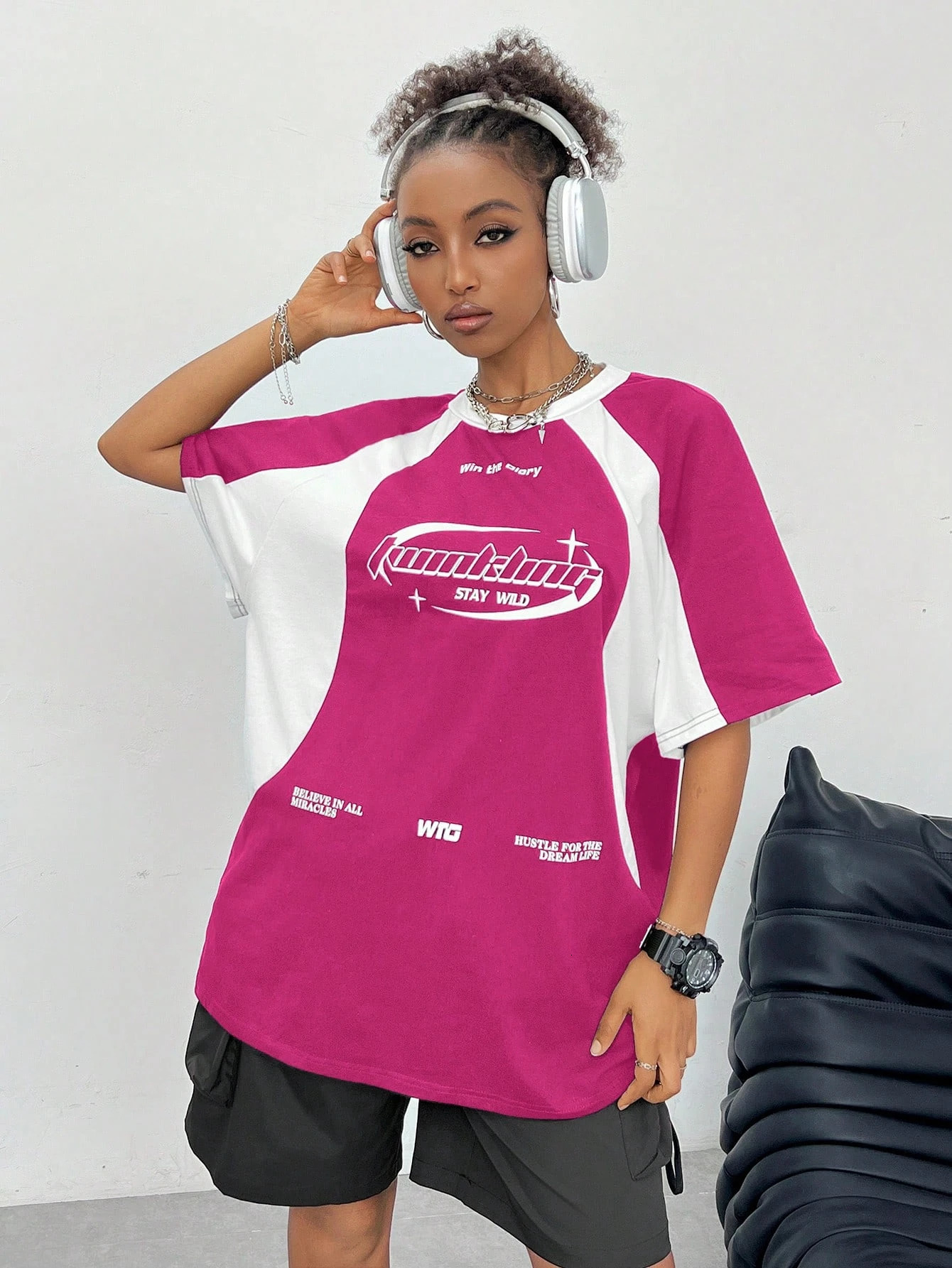 Womens Spring_Summer Streetwear Oversized Racing Motorcycle Print Color Block Raglan Sleeve TShirt Casual Top Tee 250513