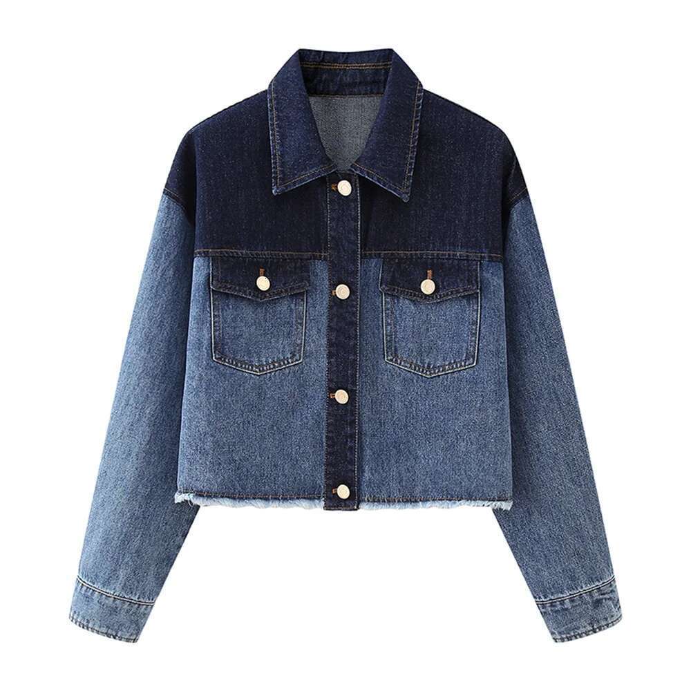 PB&ZA Autumn New Product Casual Women's Fashion Versatile Color Block Design Flip Collar Denim Short Coat Top