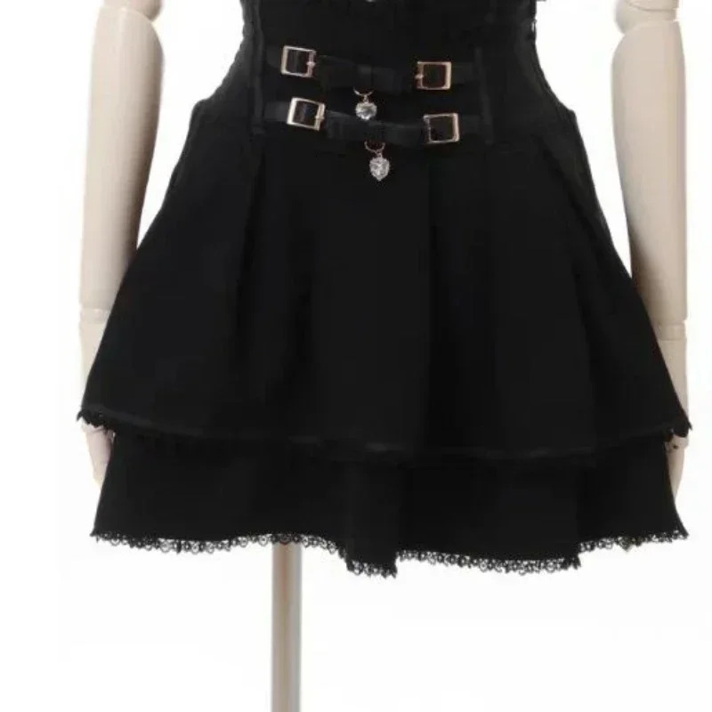 Japanese Kawaii Mini Cake Skirts Womens Jupe Fairy Bandage Lolita High Waist Y2k Aesthetic Sweet Lace Gothic JK Faldas Skirt 250513