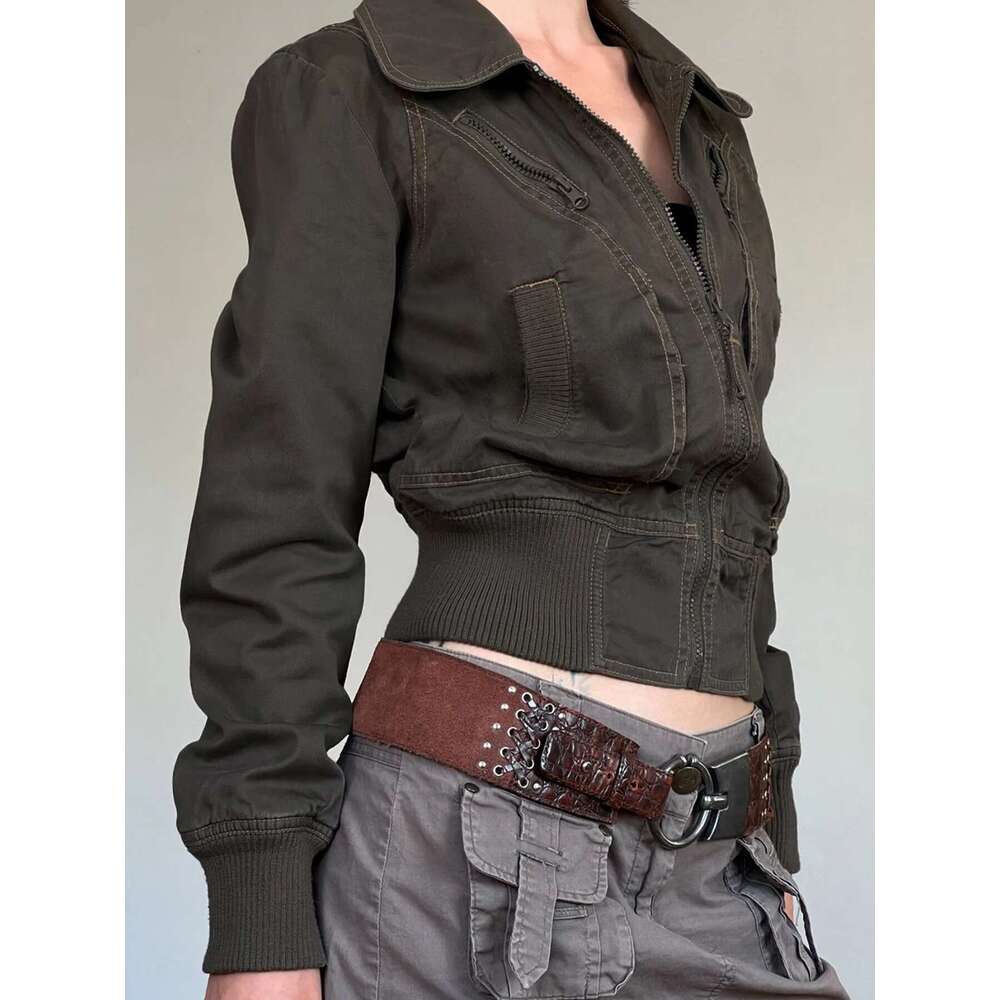 Rockmore Vintage Cropped Jackets for Women Haruku Slim Fit Lapel Zipper Coat Y2K Streetwear Long Sleeve Autumn Outerwear New
