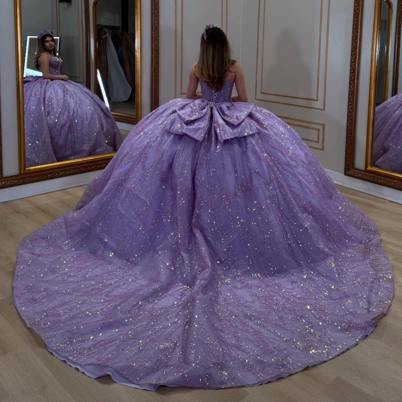 Lilac Shiny Quinceanera Dresses Off Shoulder Ball Gown Sweet 16 Dress Beading Crystal Bow Tull Birthday Party Vestidos 15 De Anos
