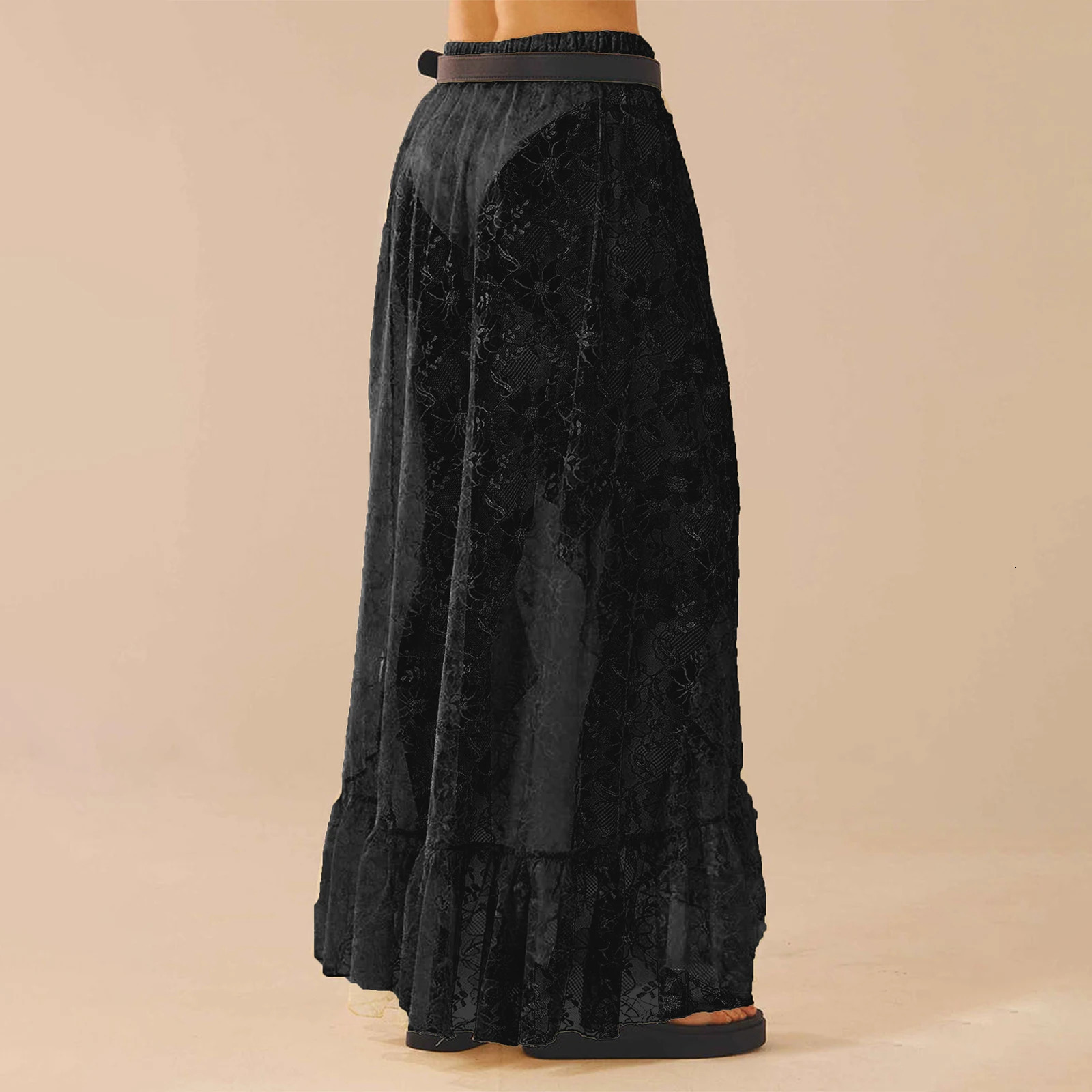 Women Asymmetrical Lace Flowy Skirts Vintage Long High Waist Ruffle Midi Aesthetic Ladies See Through Elastic 250513
