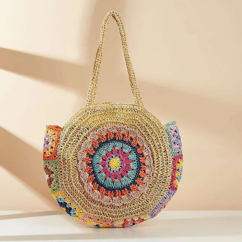 Designer Bag 2025 Ethnic Style Round Straw Weaving Fashion Shoulder Summer Handmade Woven Beach Underarm Bags Women's Large Capacity Tote Bag Lux