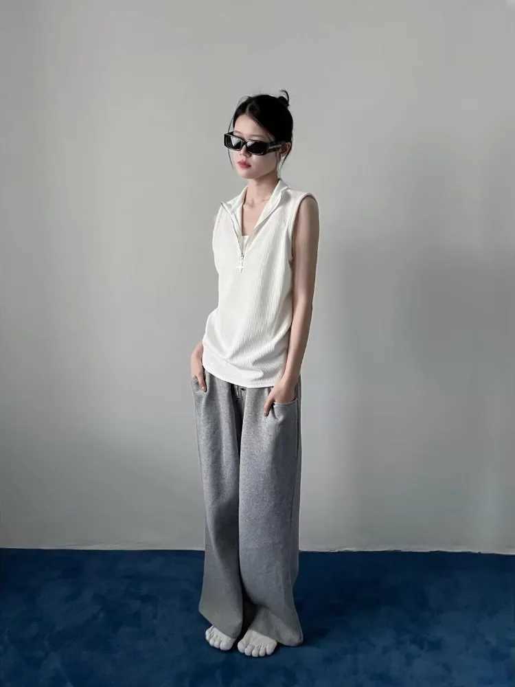 Gothic Tank Top Men and Women Harajuku Punk Vintage Stand Neck Zipper Streetwear Sleeveless Tanks Y2k Aesthetic Solid Camisoles M250513