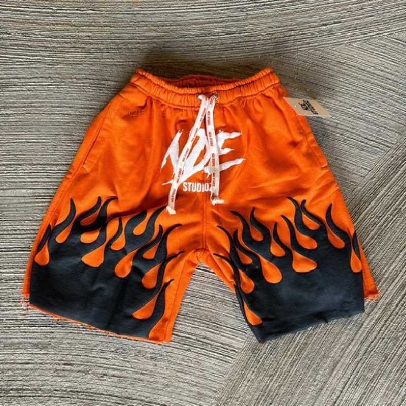 Ins Net Red Shorts Men Women Foam Flame Print American Retro Street Style Five Pants Y2k Cotton Solid Color Loose Couple Pants Z250513