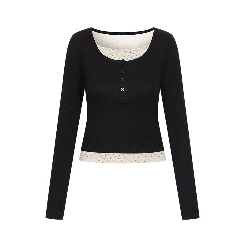 Womens Long Sleeve Tshirt U Collar Spring and Autumn Slim Top French Style Wear with Two Lace Edge Y2k 250513