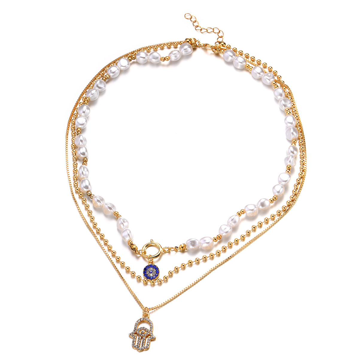 Trendy Layered Metal Necklace with Faux Eye Charm, Gold Pearl Choker for Women, Wholesale Fashion Jewelry