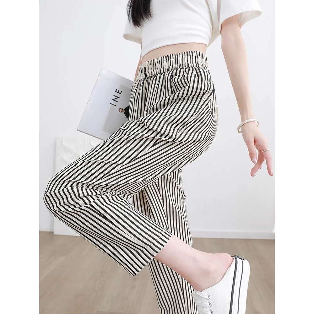 Women's Vertical Striped Comfortable Breathable Elastic Waist Belted Daily Wear Casual Tapered Crop Pants With Pockets